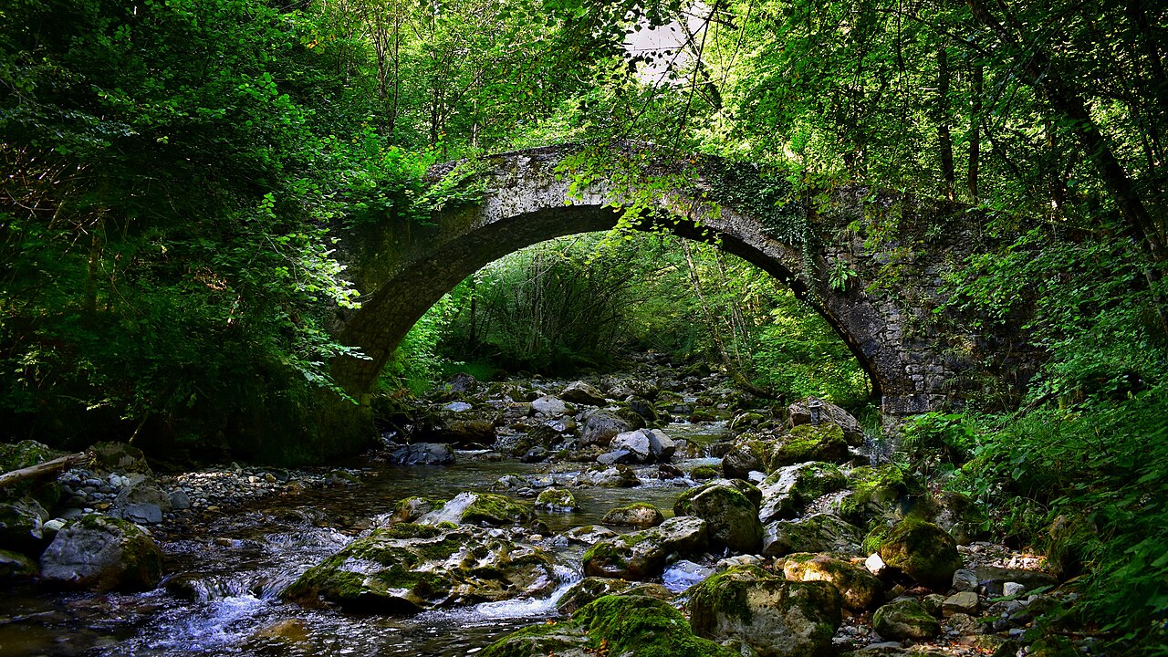 The humpbacked medieval Ponte di Forcola in Val Taleggio, Lombardy